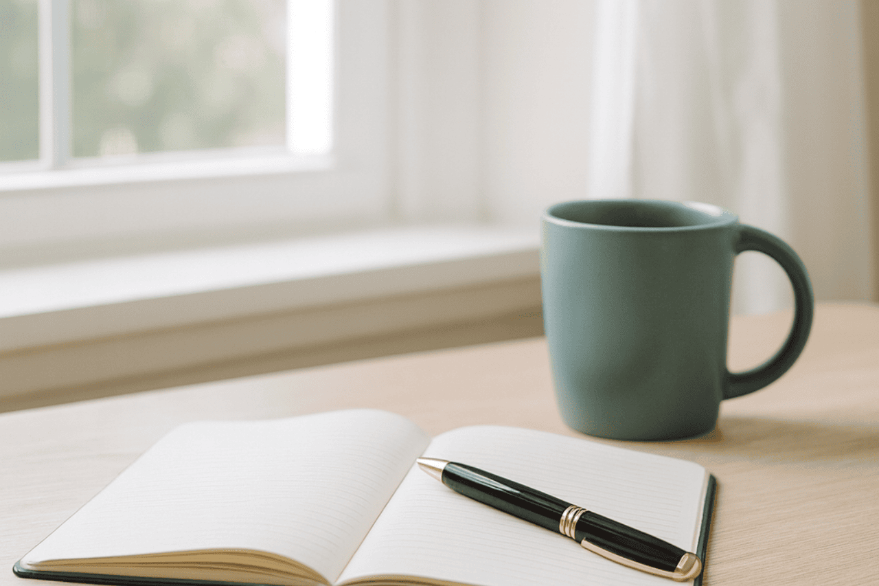 Notebook and coffee cup on desk by a window, representing reflection, clarity, and resetting life priorities with Tech To Thrive coaching.