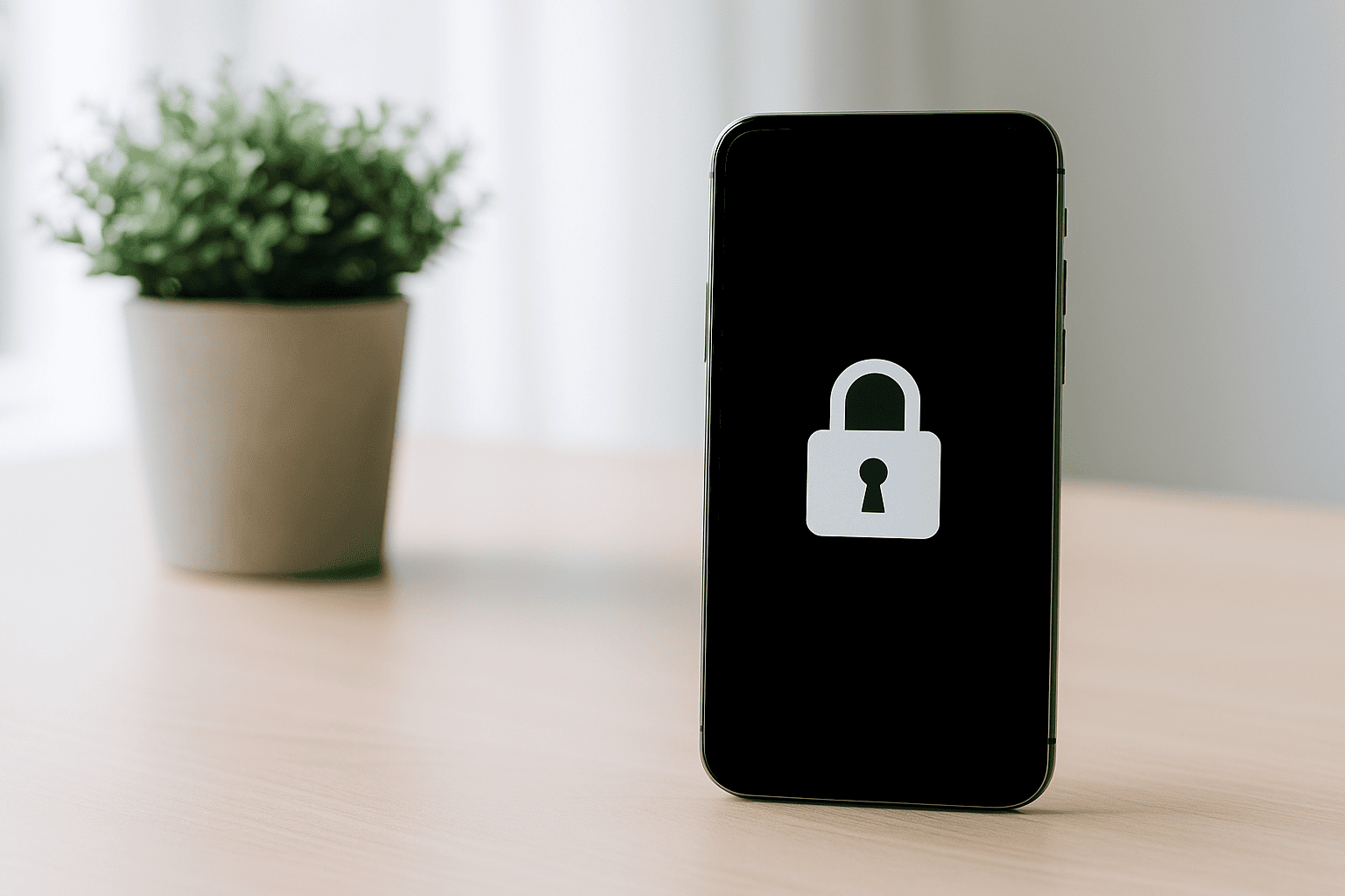 Smartphone displaying lock icon on desk, representing Tech To Thrive coaching for security, confidence, and peace of mind with technology.