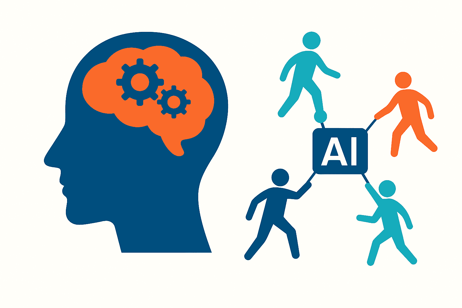 Icon of human profile with AI and digital figures, representing AI coaching to simplify work, boost efficiency, and scale businesses with Tech To Thrive.