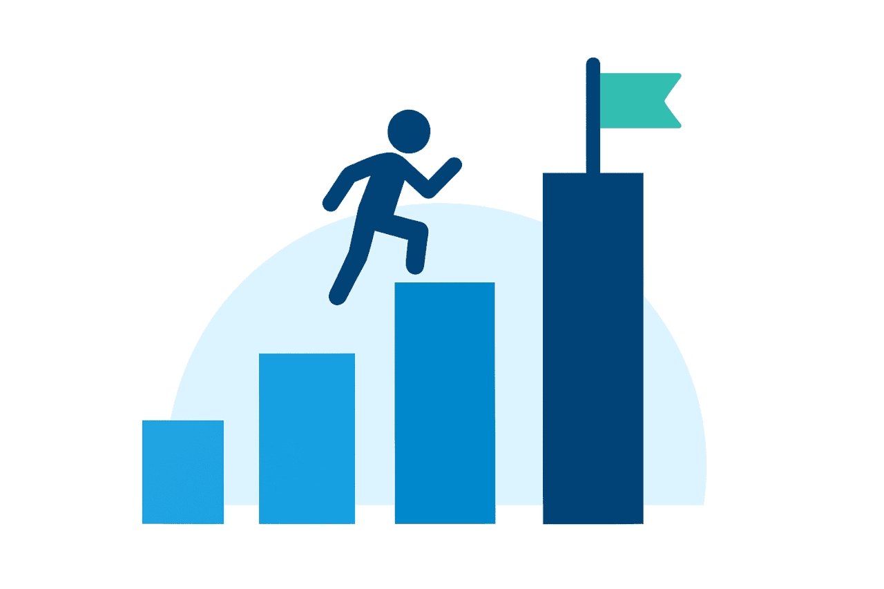 Icon of person climbing bar chart, symbolizing growth and skill development with Tech To Thrive coaching.