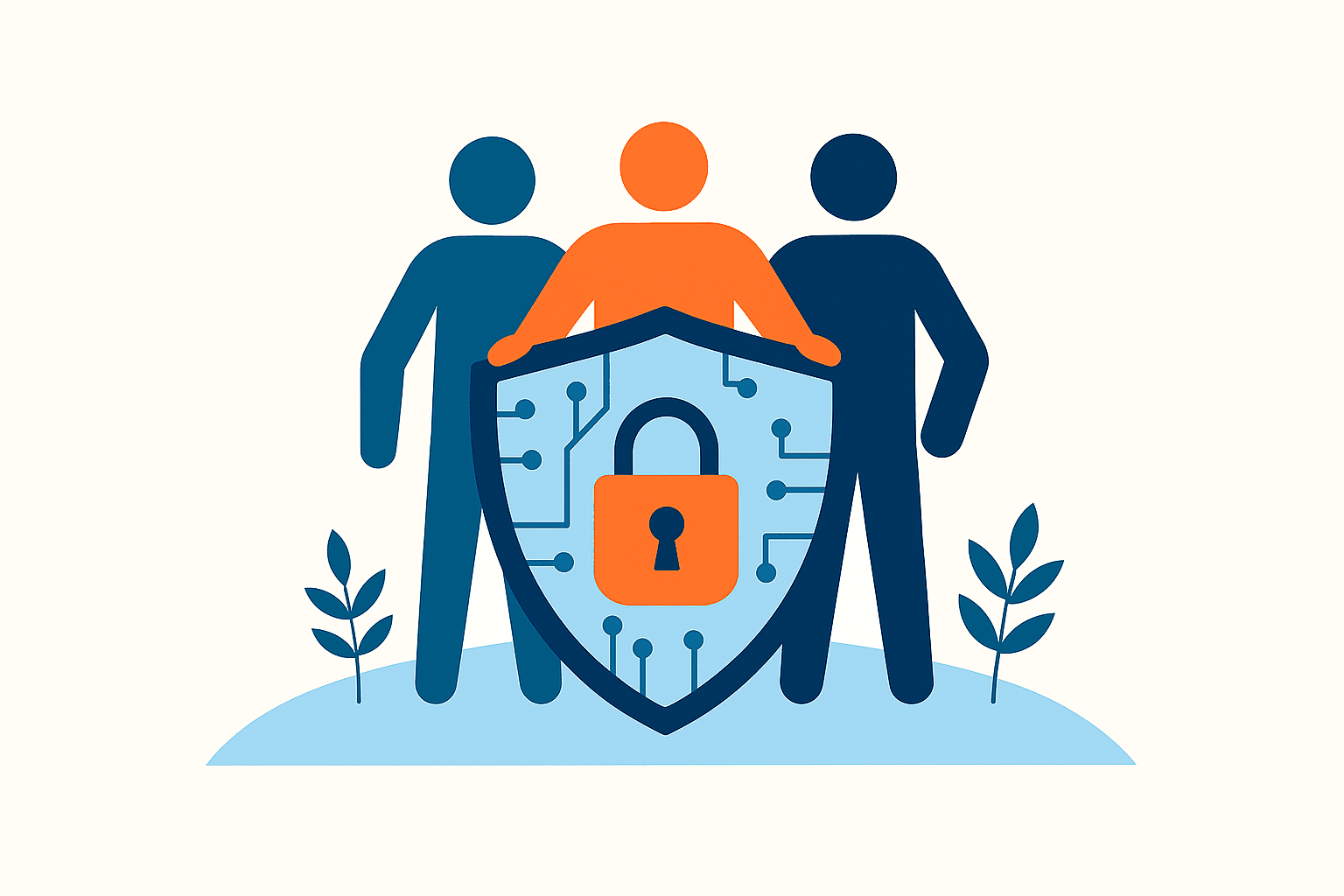 Icon of two professionals with shield, symbolizing business security, data protection, and confidence with Tech To Thrive coaching.