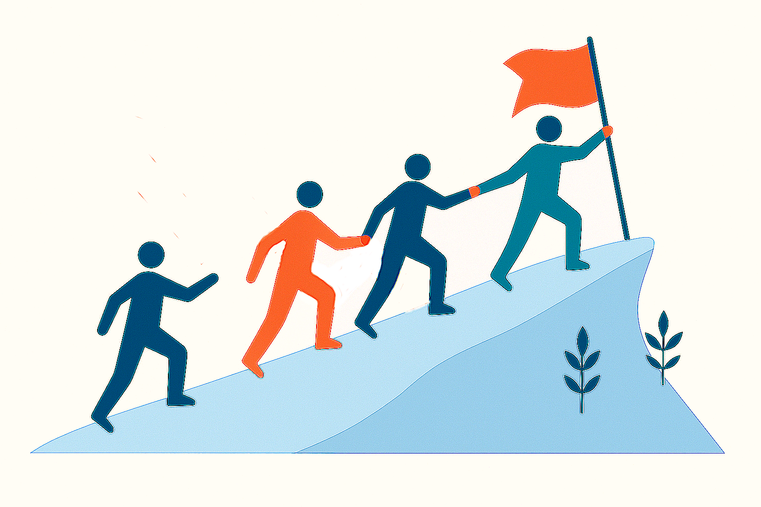 Icon of team climbing mountain with flag, representing leadership coaching for clarity, adaptability, and tech confidence.