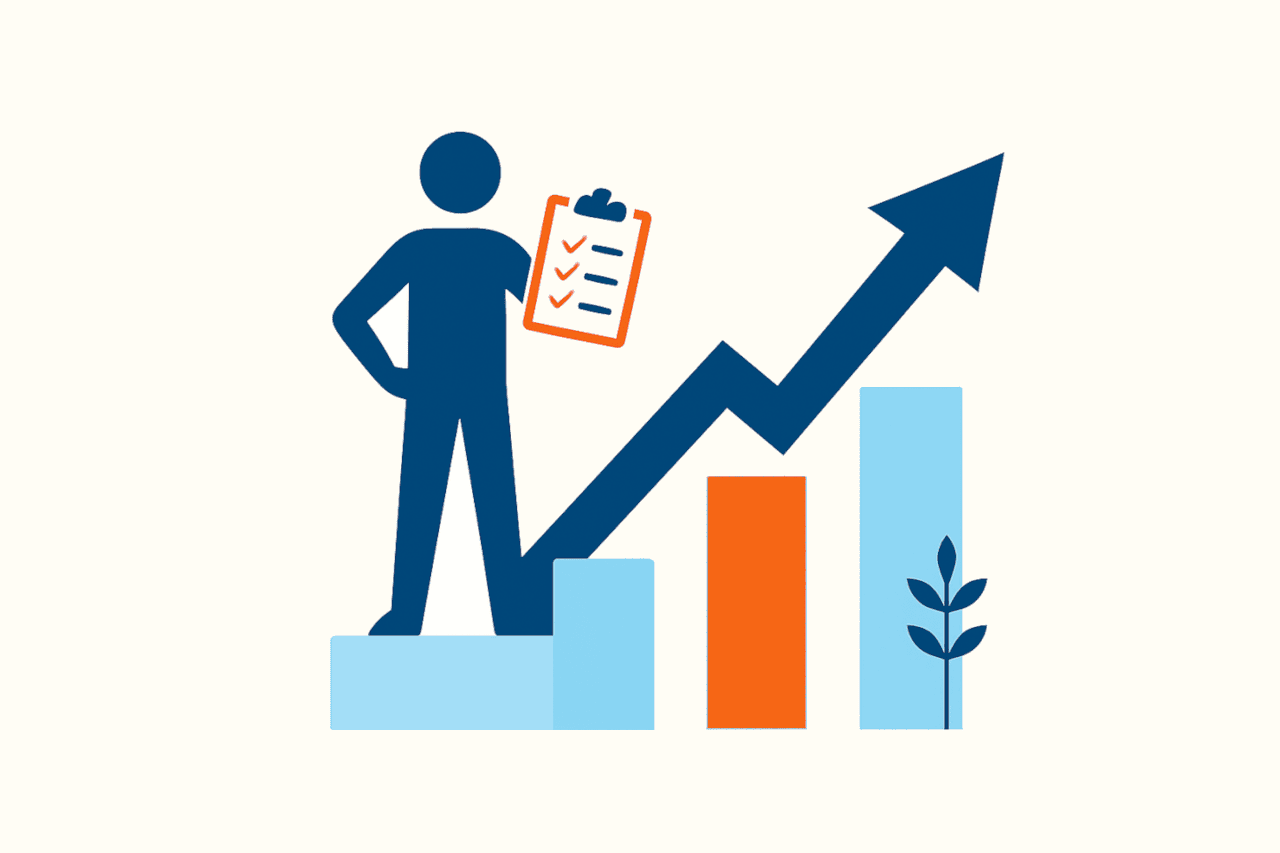 Icon of person climbing bar chart with checklist, symbolizing success and streamlined business growth with Tech To Thrive coaching.