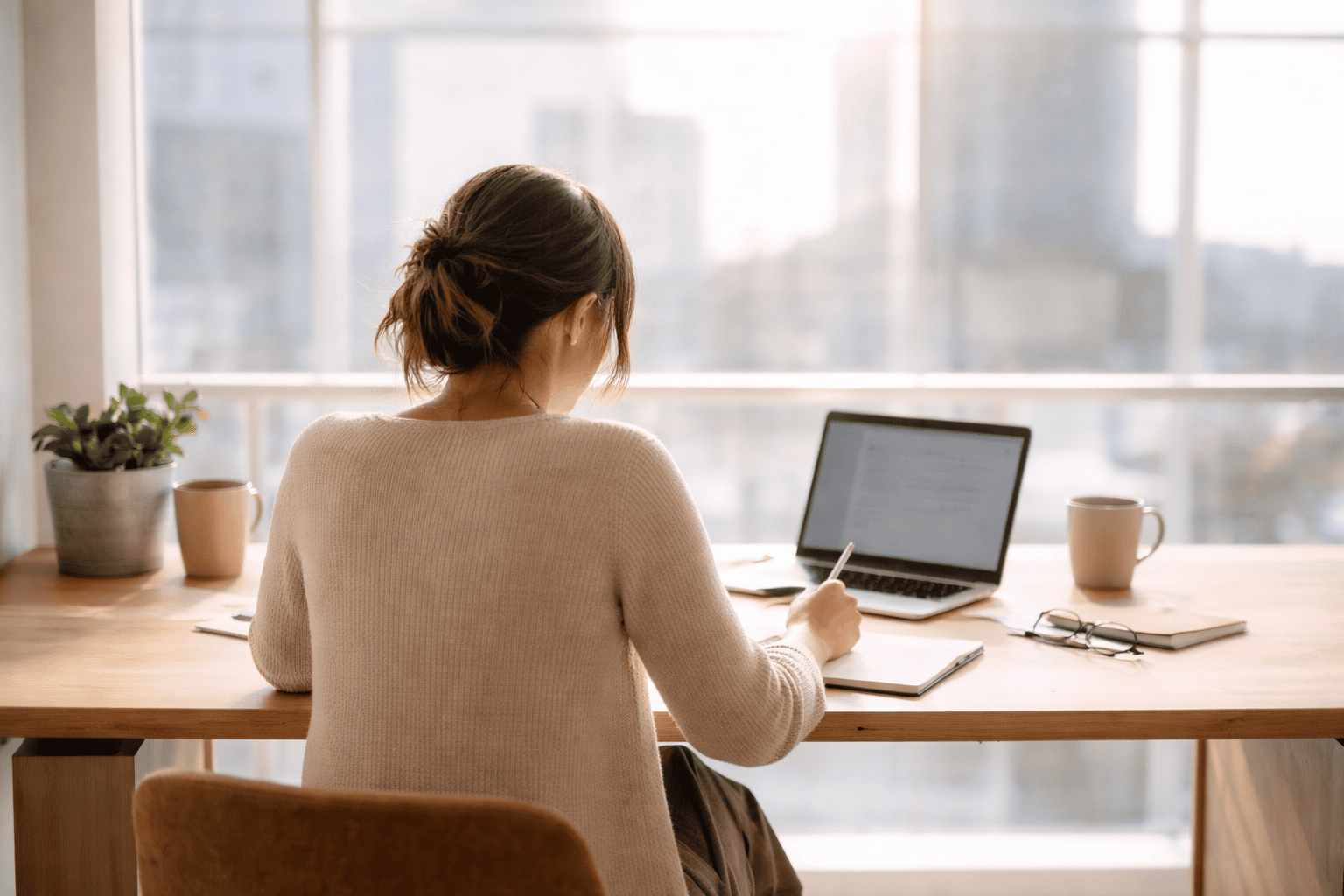 Woman working at table in front of window