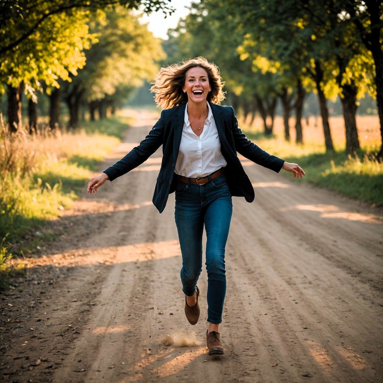 Smiling woman walking down a country lane.